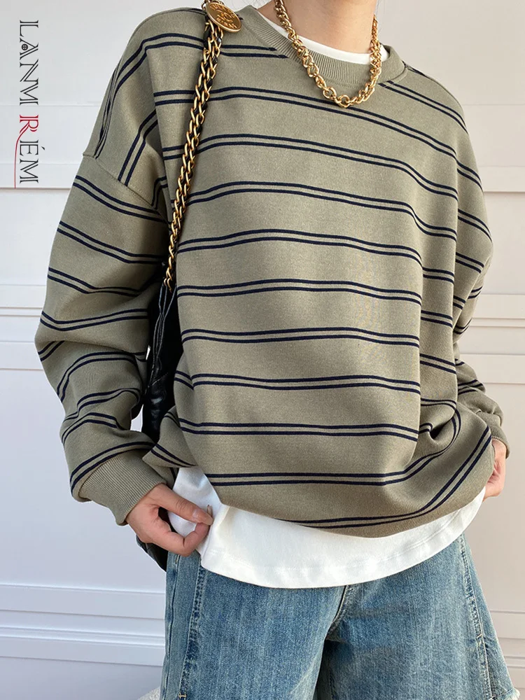 

[LANMREM] Striped Loose Pullover Sweatshirt For Women 2023 Autumn New Round Neck Long Sleeve Casual Female Tops Clothing 26D5721