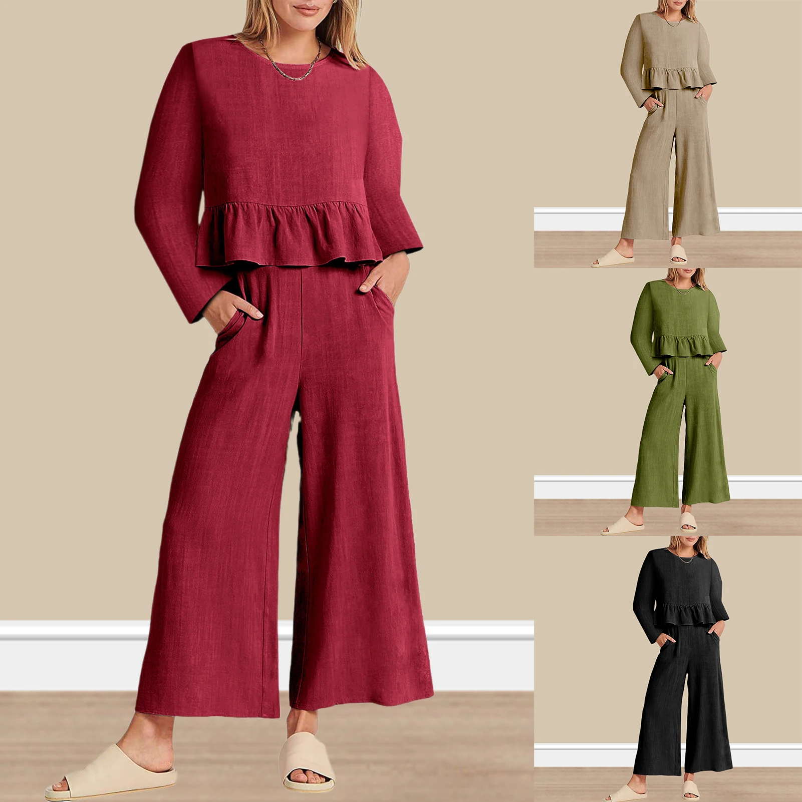 

Комплект из топа и длинных брюк с оборками на подоле, из хлопка и льна