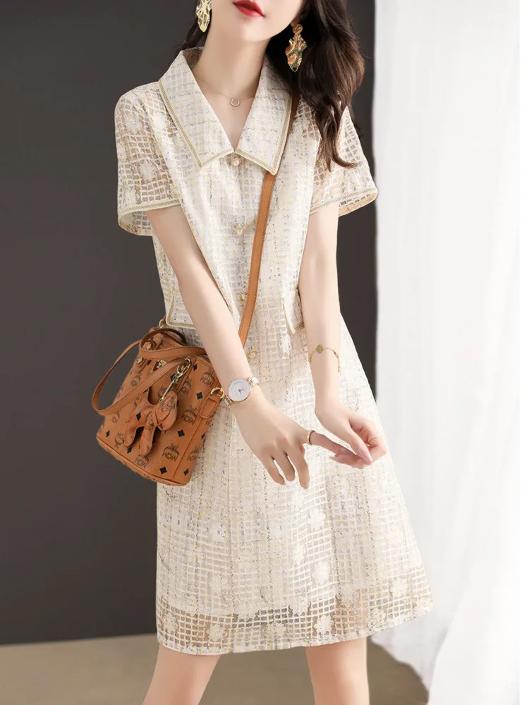 

New Korean Fashion Simple Hollow Out Lace Dress 2022 Summer Women Elegant French Vintage Small Fragrance Straight Skirt Vestidos