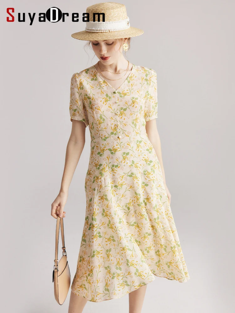 SuyaDream Women Floral Dresses 100%Pure Silk V Neck High Waist Printed Dress 2023 Spring Summer Chic Clothes Beige