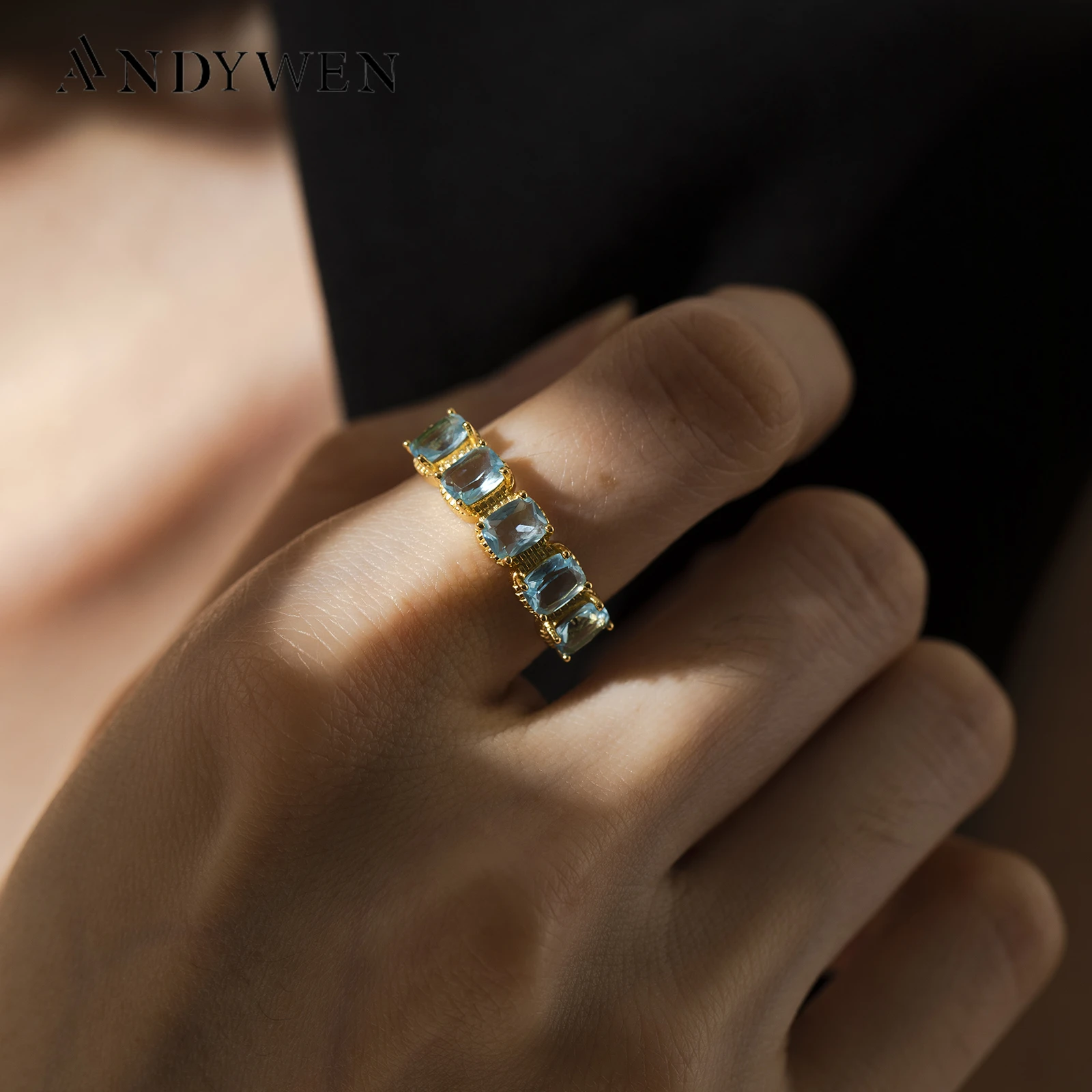 

ANDYWEN 925 Sterling Silver Gold Big Blue Zircon CZ Rings Women Luxury Jewelry 2021 Women Wedding Jewelry Gift Round Crystal