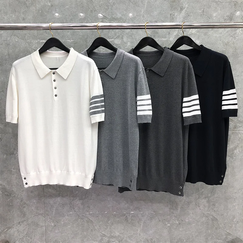 TB THOM T-Shirts For Spring Summer Men Korean Style Clothing Ice Silk Cotton Engineered 4-Bar Stripe Knitted Polo Sweatshirts