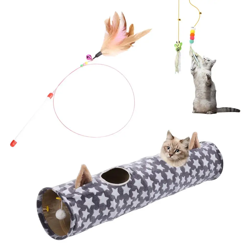 

1 set Pet Plush Collapsible Tunnel Tube Long Straight Cat Ears Shape Tunnel Toy With Balls Play Tent Interactive Toy