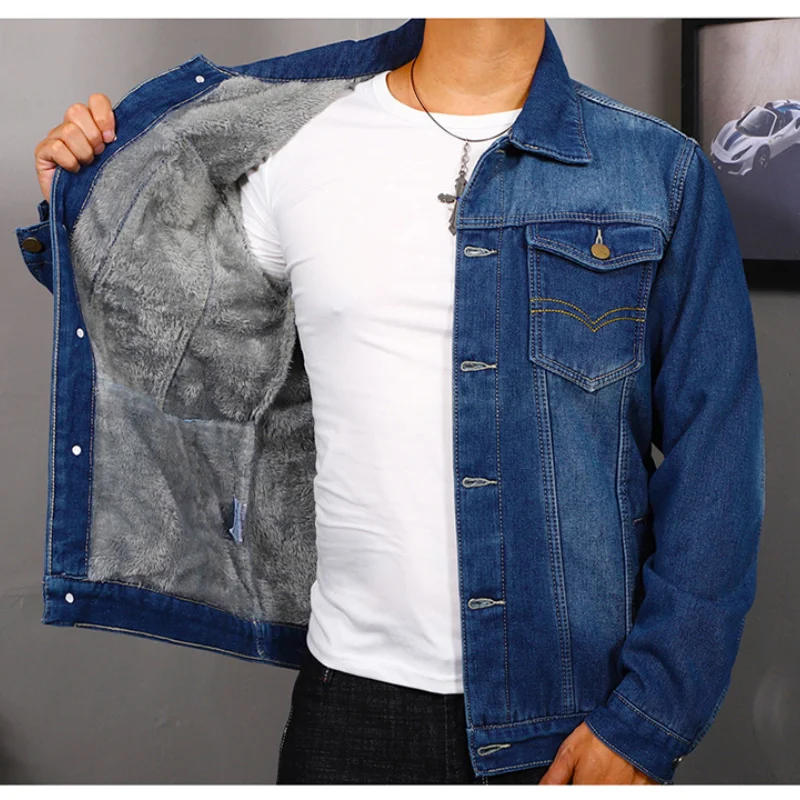 Мужская джинсовая куртка винтажная простая повседневная из 2021 плюша утепленная