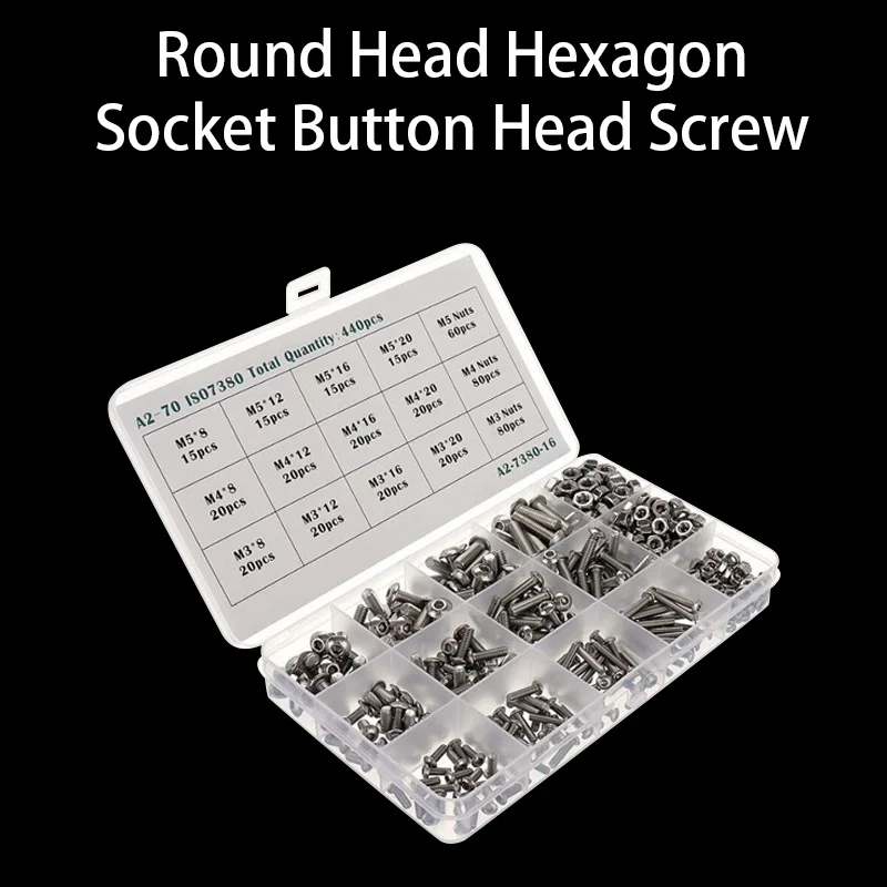 

M3 M4 M5 304 Stainless Steel A2 Round Head Screws Mushroom Hexagon Socket Button Head Screw Kit 440 Pcs/set