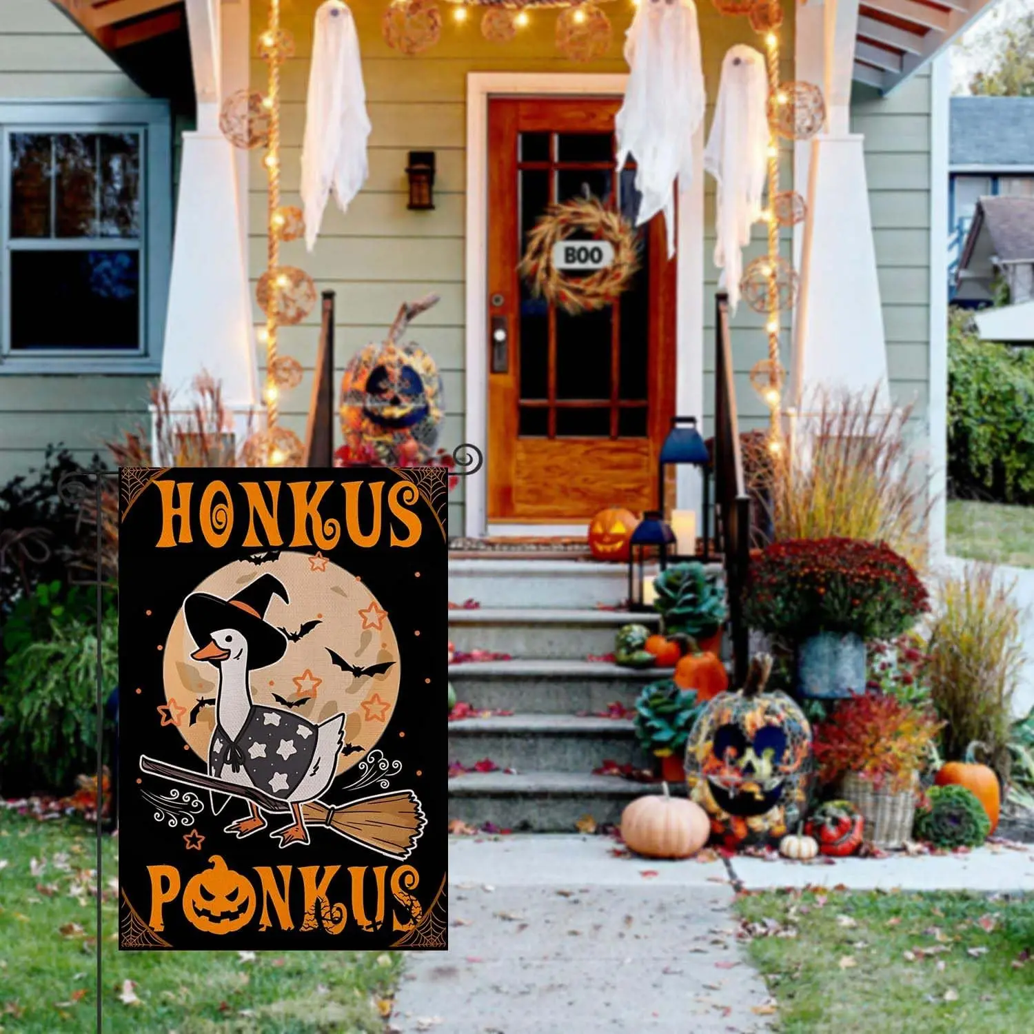 Фото Флаг на Хэллоуин Honkus Ponkus Witch Goose - 12x18 дюймов, двусторонний, забавное украшение для двора, для приветствия гостей и празднования Хэллоуина PPZ №2