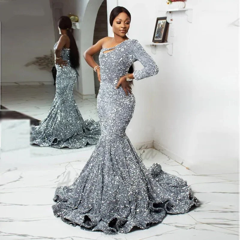 

Aixiangsha Lissom Luxury Evening Dresses One-Shoulder Pleat Sequined Floor-Length Mermaid De Fiesta Robe De Soiree