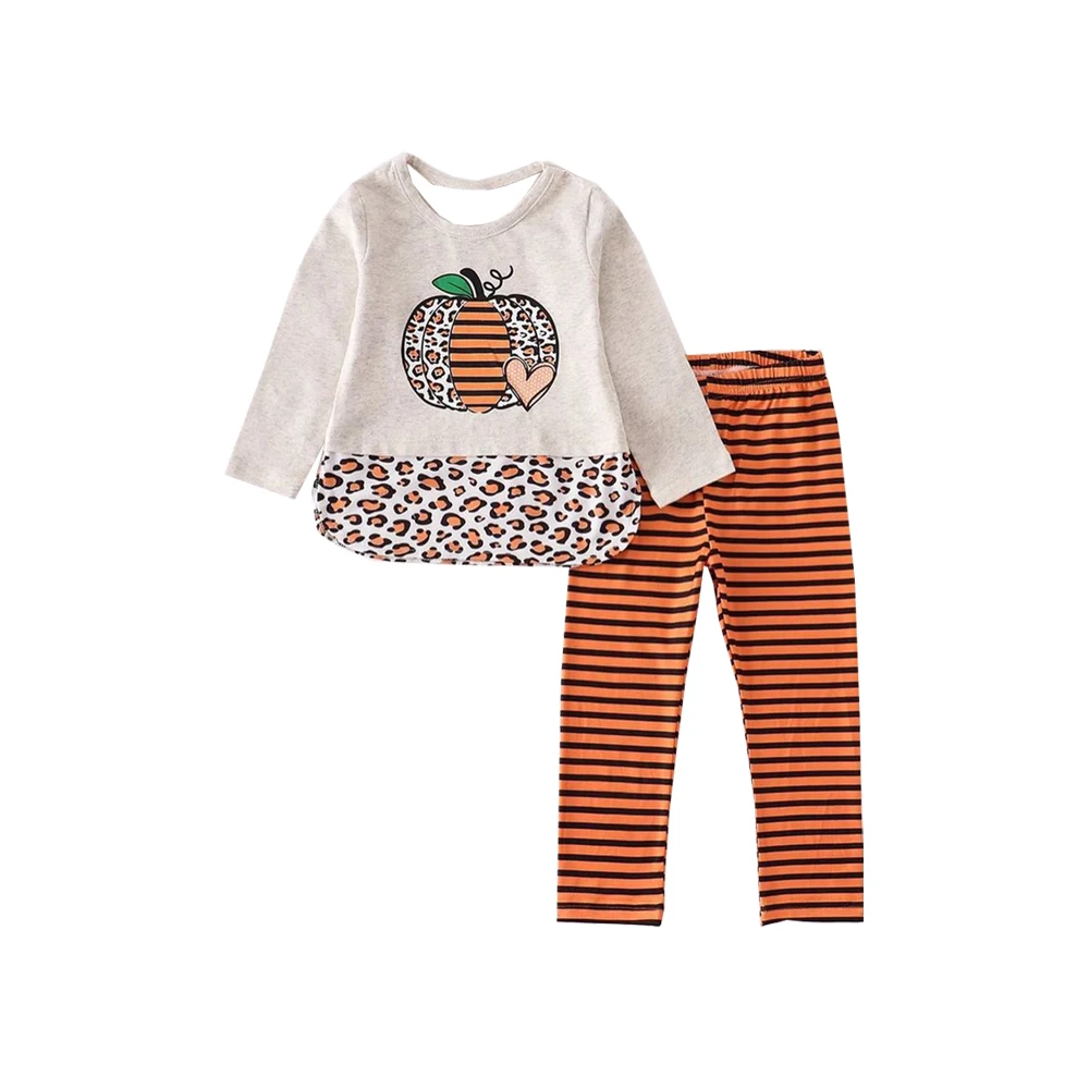 

Новый стиль, комплект одежды для девочек, брюки в полоску с длинным рукавом и тыквой на Хэллоуин, зимние комплекты одежды для девочек