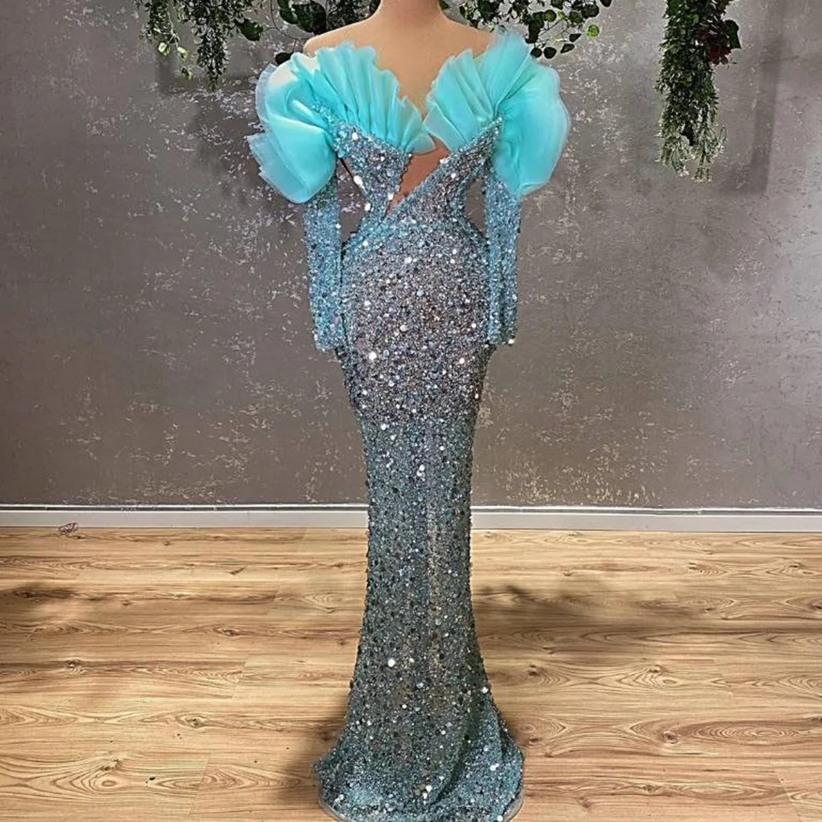 

Customise Sequin Evening Dresses with Ruffles Off the Shoulder Mermaid Prom Gowns Floor Length Long Sleeve Party Dress