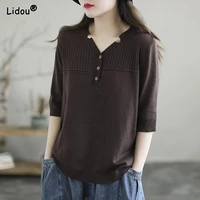 casual loose intellectual womens clothing button v neck solid broadcloth skin friendly t shirts 2022 summer new popularity