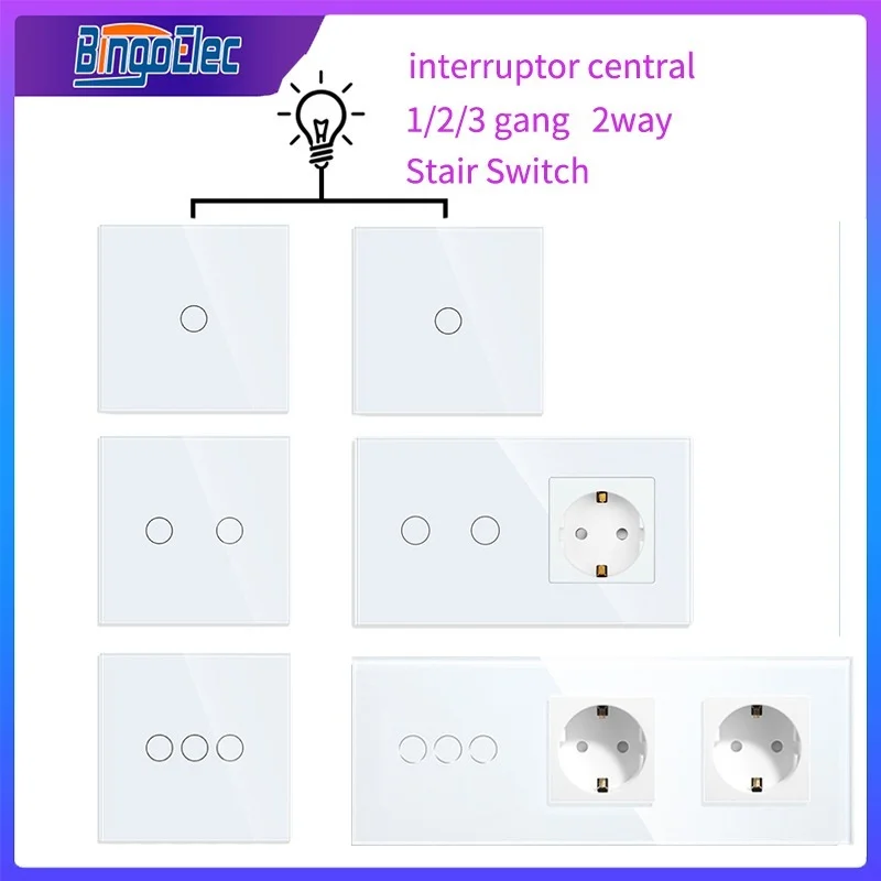 Bingoelec white Stair Switch 1Gang 2Gang 3Gang 2way Switch with EU Socket Power Socket Glass Panel Wall Touch Light Switches