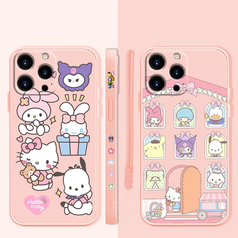

Hello Kitty Kuromi Family House Square Liquid Candy Case For Apple iPhone 14 13 12 11 Pro Max 13 12 Mini XS XR X 7 8 6 6S Plus