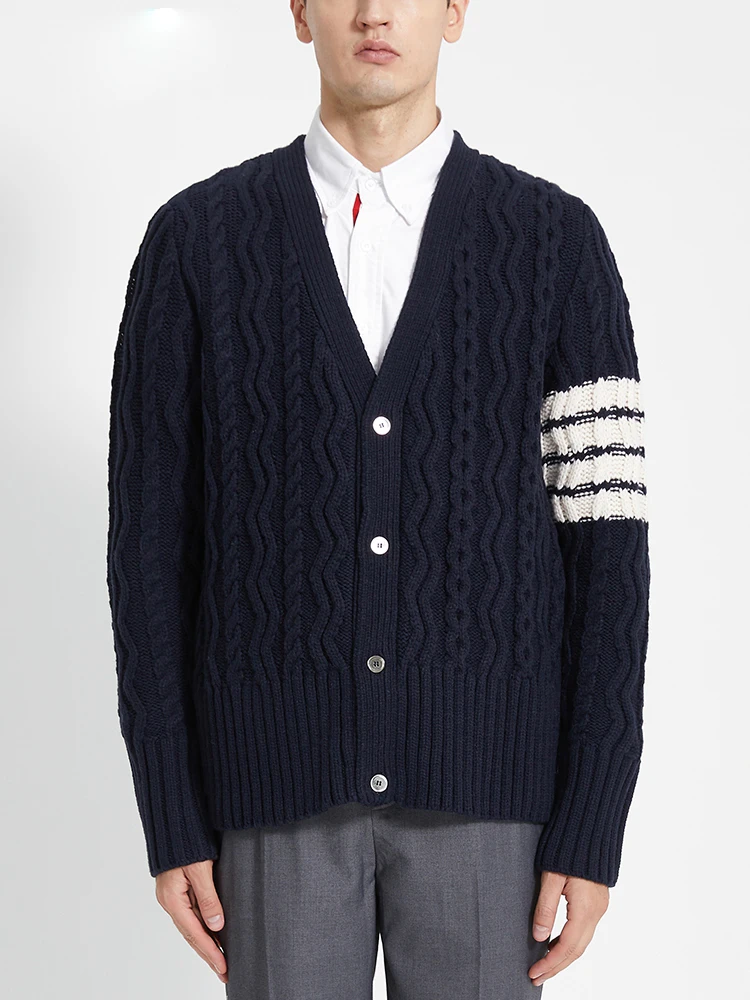 TB THOM Men's Thick Sweater Winter Fashion Brand Twist Knitted Coats Merino Wool Striped 4-Bar V-Neck Women's Cardigan Lovers