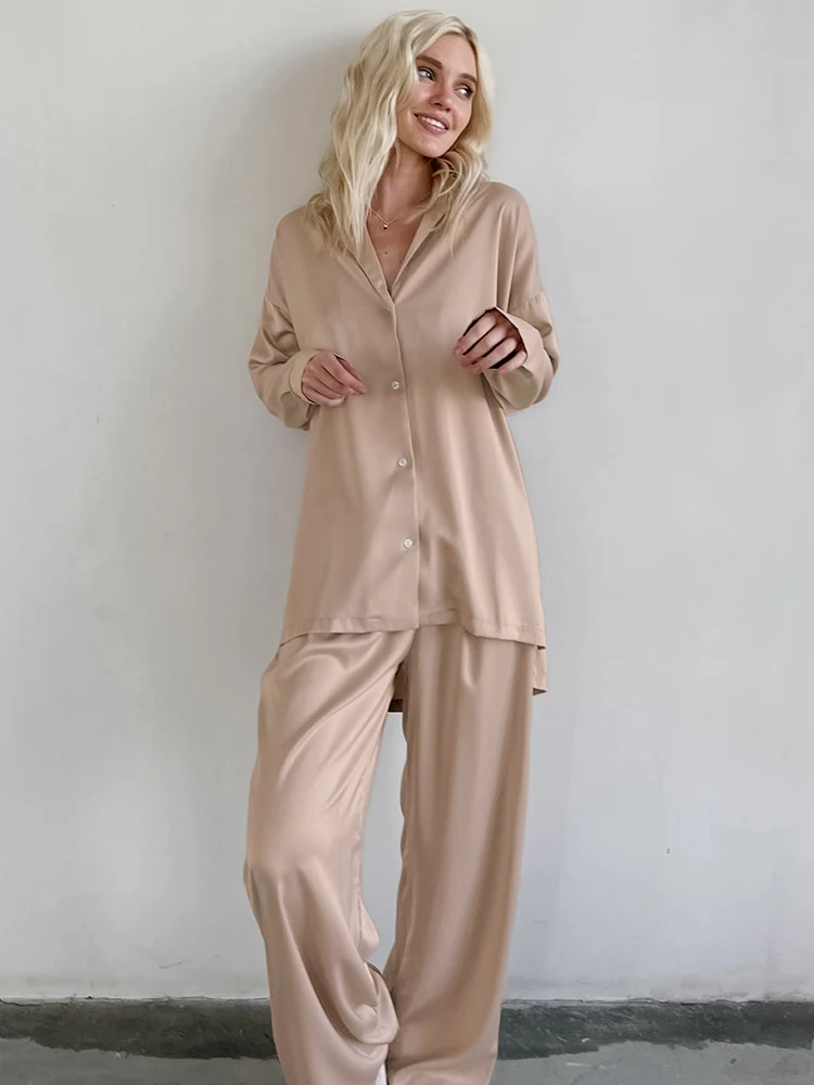 

Linad Khaki 2 Piece Sets Women's Home Clothes Loose Long Sleeve Pajamas Casual Trouser Suits Solid Female Sleepwear Autumn 2022