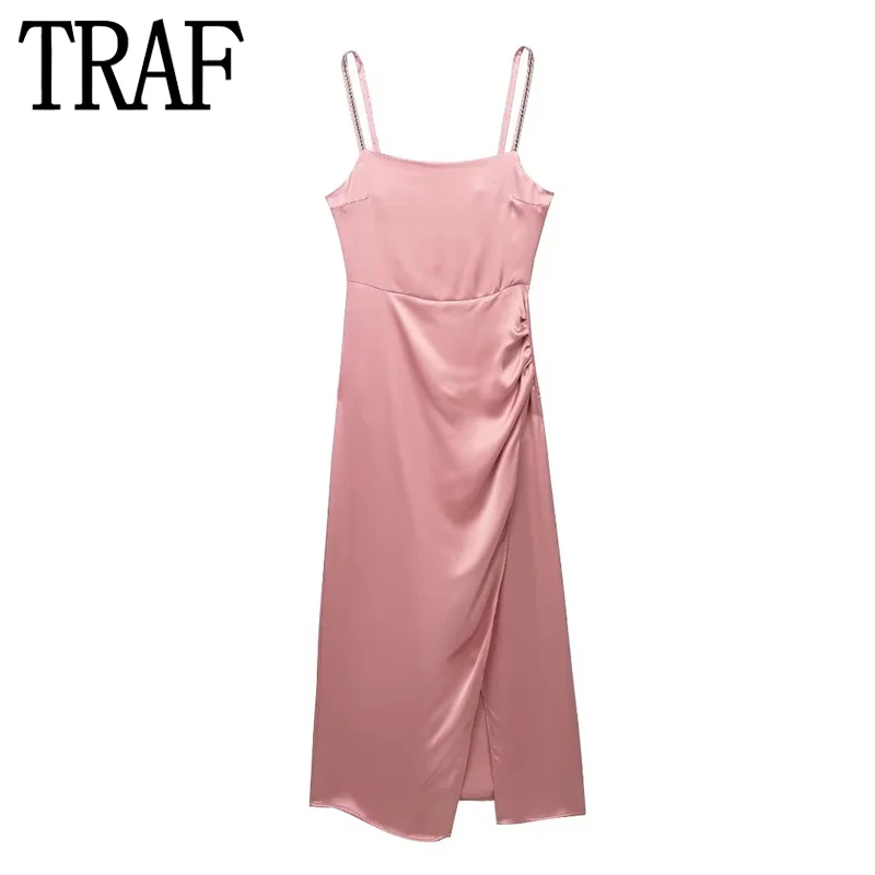 

TRAF Pink Slip Dress Woman Ruched Satin Long Dress Women Summer Backless Sexy Party Dresses Elegant And Pretty Women's Dresses