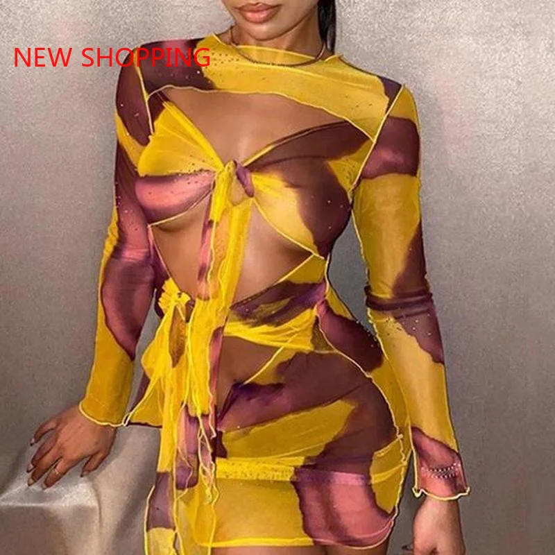 

Y2K Aesthetics Fashion Print Sexy Hollow Out Bandage Front Party Dresses Vintage O-neck Transparent Long Sleeve Dress Bodycon