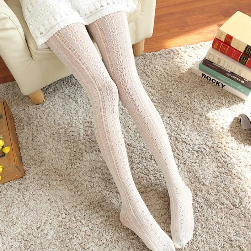 Sweet Lolita Stripe Nylon Stockings Women Sexy Thin Pantyhose White Fishnet Stockings Female High Tights Dress