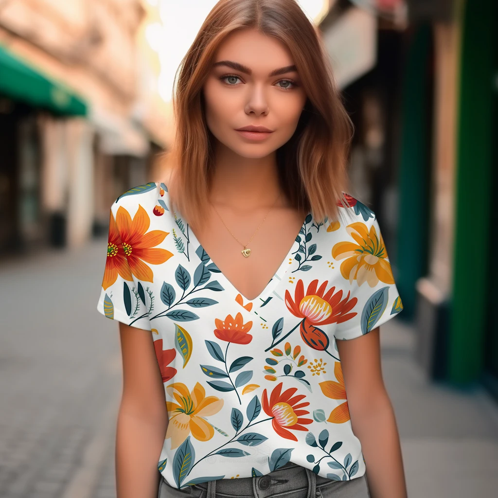 

Футболка женская оверсайз с V-образным вырезом и цветочным 3D принтом