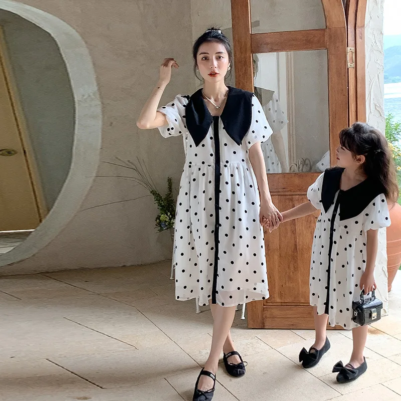 

Mom and Daughter Matching Polka Dot Short Sleeve Dress Collar Mum Baby Girls Elegant Dresses Summer Like Mother Like Daughter