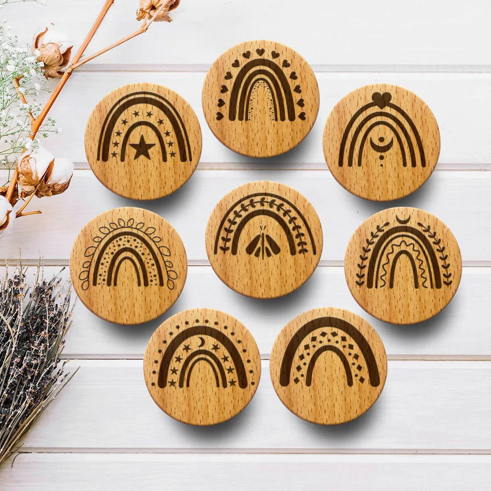 

New Engraved Cute rainbow Wooden Drawer Knob Boho Nursery Cabinet Pulls Nature Wood Clothes Wall Hangings Hooks Furniture Handle