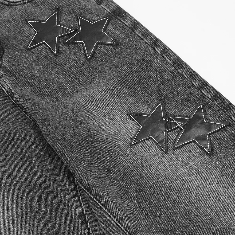 Blue Fashion Star Embroidered Jeans Mens Trendy Washed Loose Straight Denim Pants American Style High Street Wide Leg Trousers