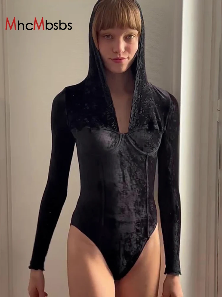 

Сексуальные кружевные лоскутные бархатные облегающие боди с капюшоном, женские Стрейчевые слитные комбинезоны с длинным рукавом, весна-ос...
