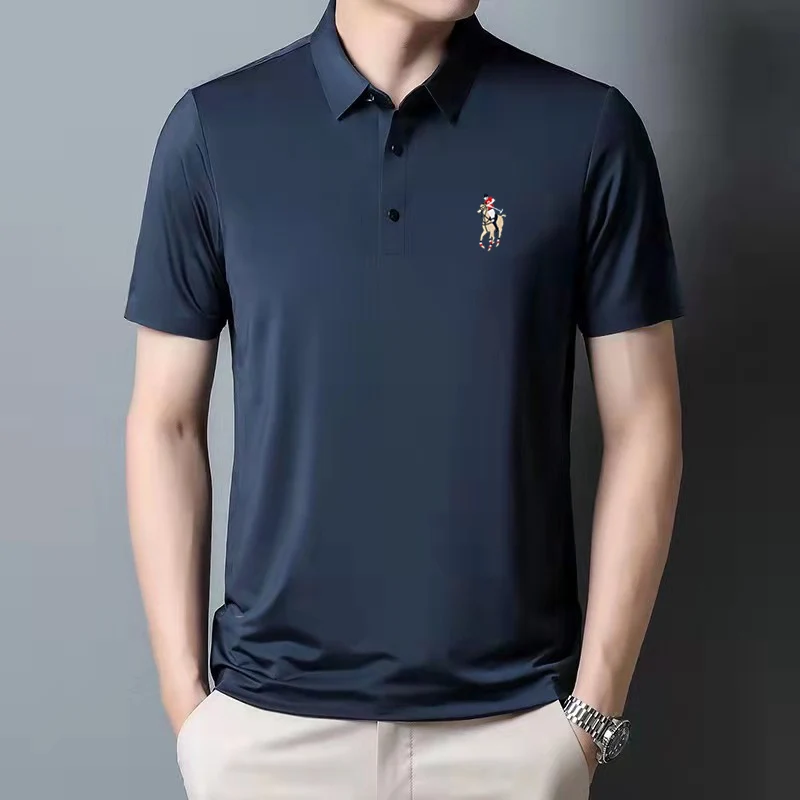 New Embroidered Men's Polo Shirt Summer Slim Fit Business Short Sleeve T-shirt Casual Polo Neck Ice Silk Shirt Men's Golf Appare