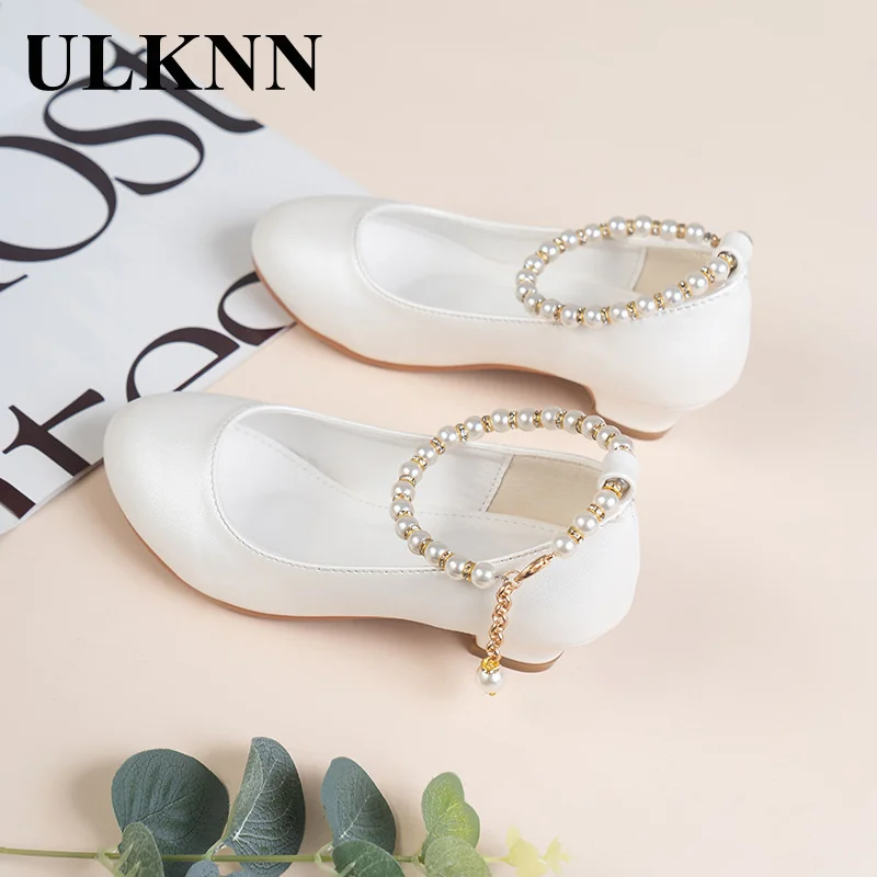 

Girls' High-heeled Leather Shoes Spring Children's High-heeled Middle-aged Kid's White Wedding Host Show Princess Dress Shoes