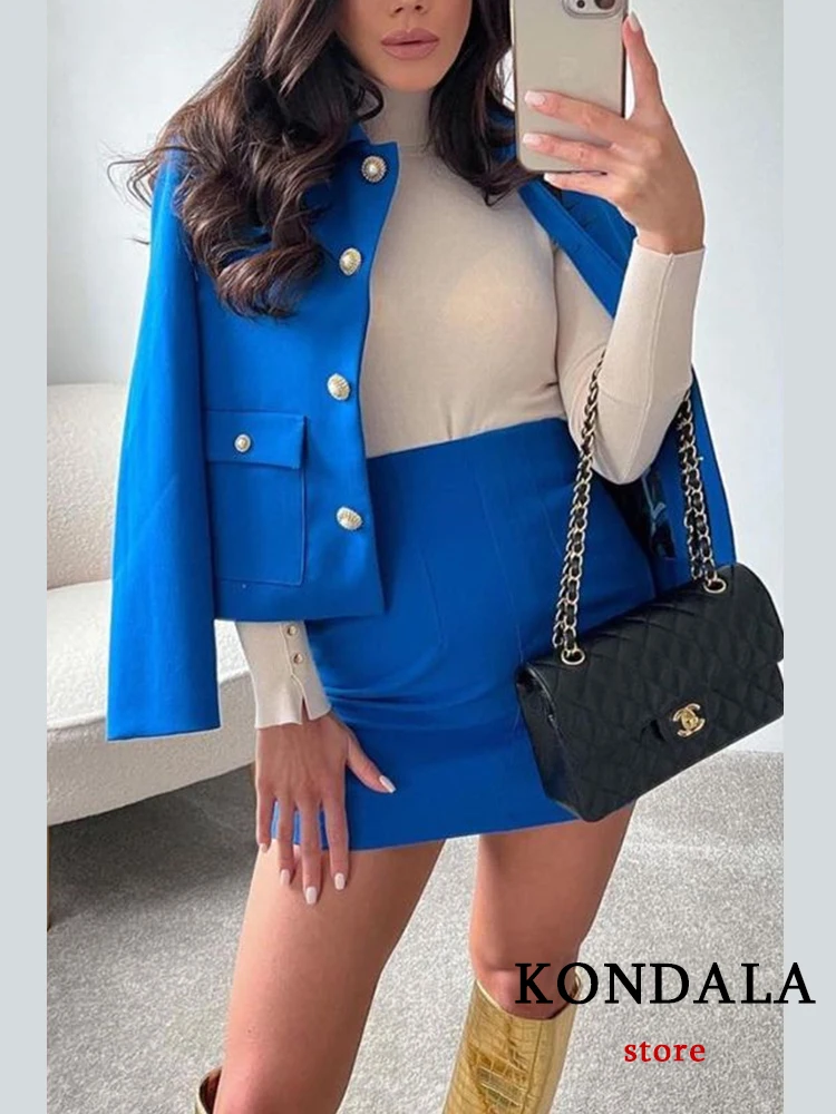 

KONDALA 2022 Vintage Solid Blue Pearl Button Blazer Women Long Sleeve Single Button Pockets Office Lady Short Jackets Outwear