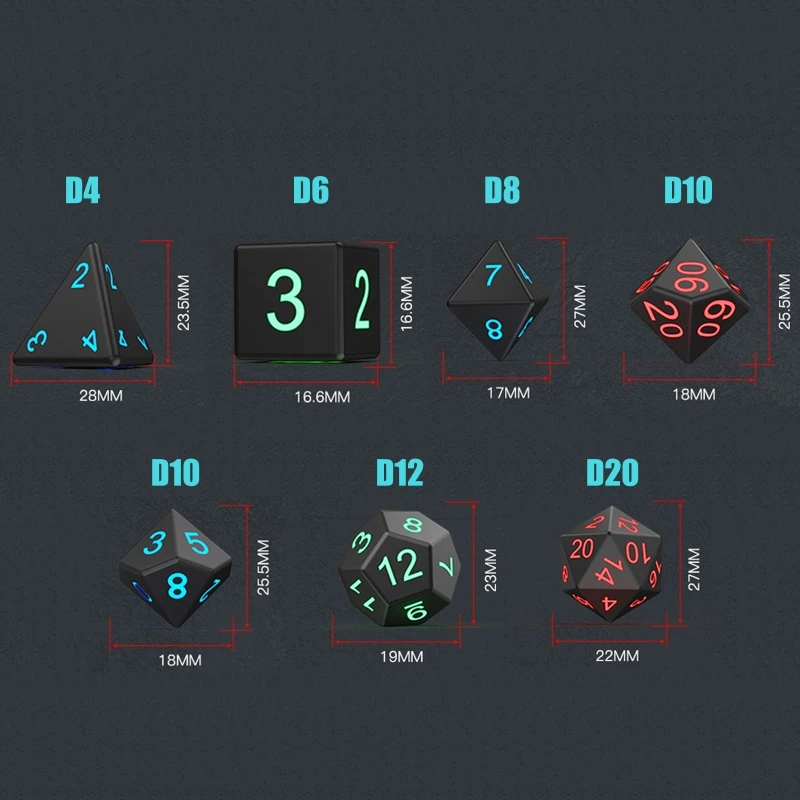 

Large Size D4-D20 Sides Dice, Large Faces LED Cubes In Various Solid Colors, Glitter, Bright Colors USB Rechargeable