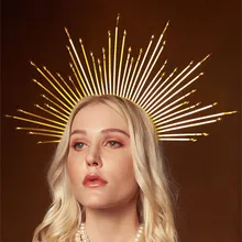 Diadema de corona dorada, accesorios para el cabello de Halo dorado, corona de diosa María, tocado para fiesta de boda, disfraz de Halloween, tocado de estrella