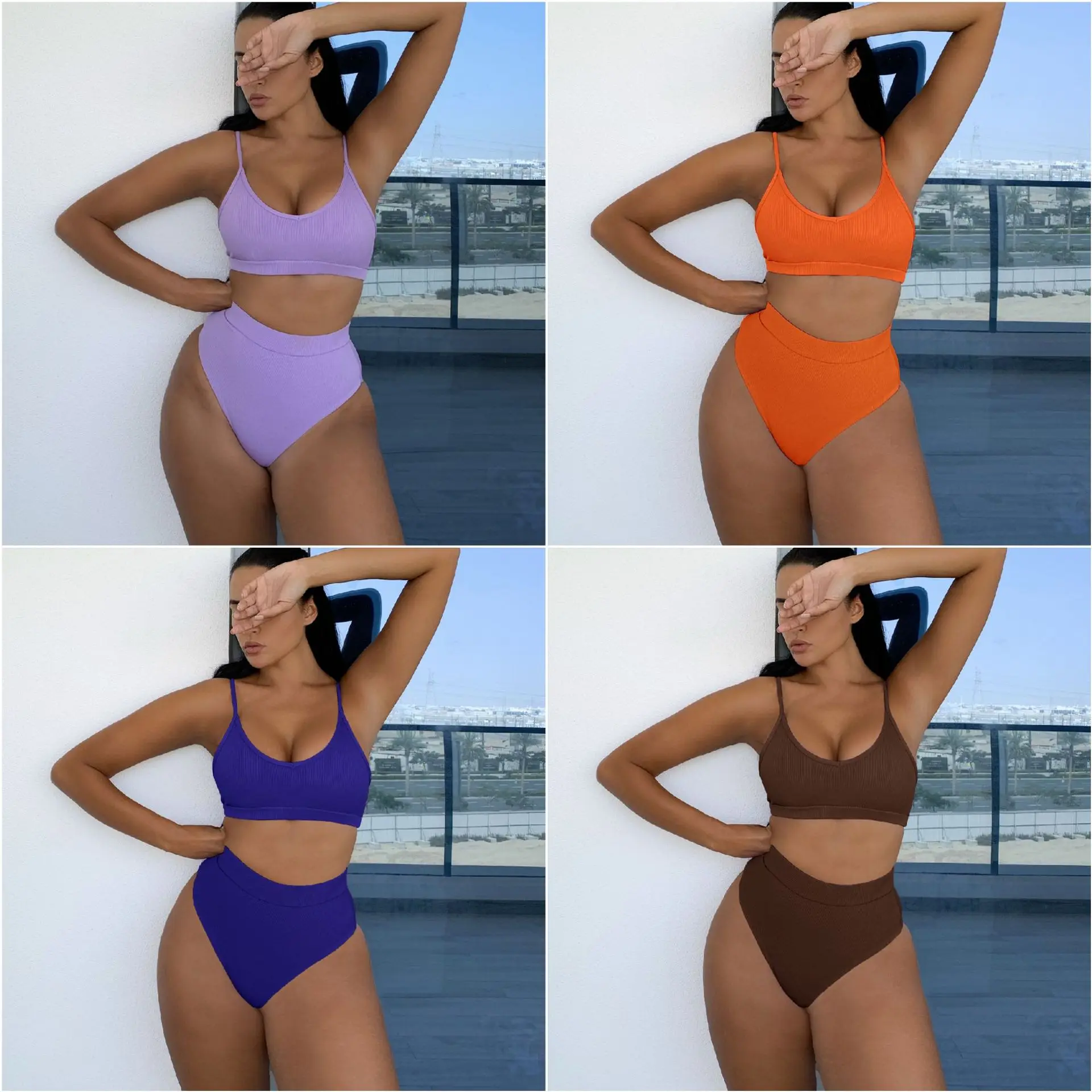 

2022 ladies split swimsuit solid color sexy high waist bikini