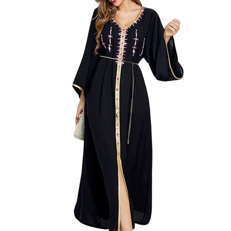 

Muslim Woman Dress Light Purple Luruxy Hand Sew Diamond Ribbon Loose Long Sleeve Arab Oman Dubai Morocco Caftan Eid Abaya Belted
