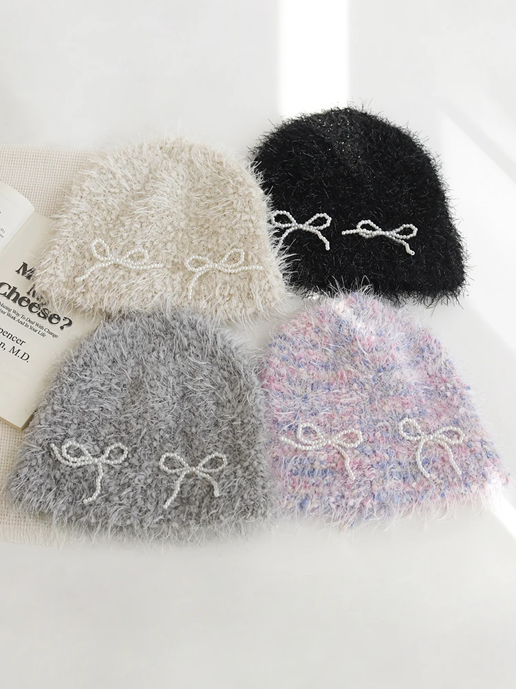 Плюшевая шапочка с жемчужными бантами детская осенне-зимняя универсальная