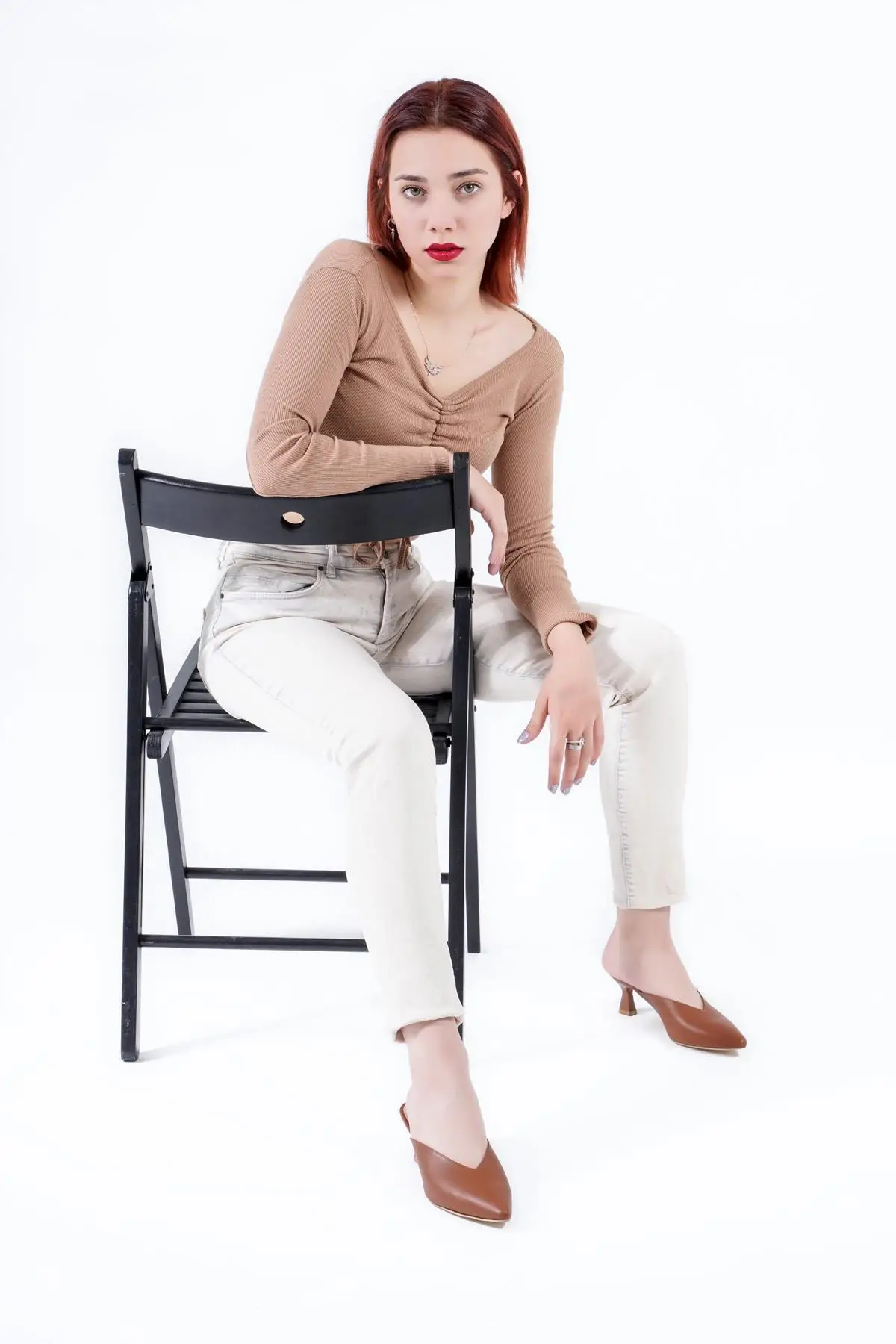 

Women Tan Genuine Leather Slippers Pointed toe Classic Little Heels Shoes