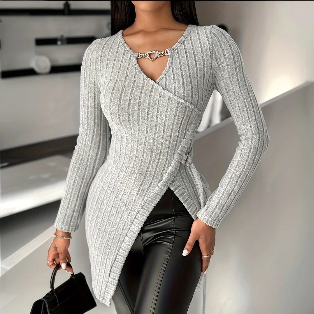 Зимний однотонный тонкий женский длинный топ с разрезом в рубчик офисный