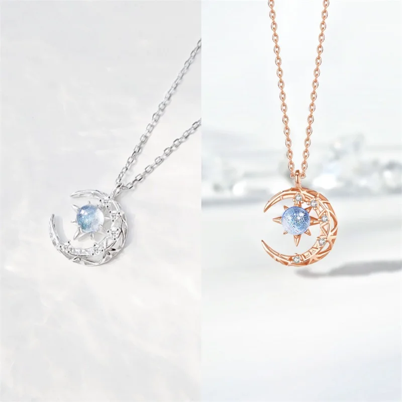 

Creative Blue Star Moon Shape Necklace Female Dream Falling Star Moon Hollow Crescent Rhinestone Pendant Clavicle Chain