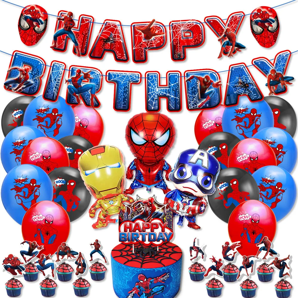 38pcs Spiderman Theme Balloons Banner Cake Toppers Foil Helium Globos Boys Birthday Party Baby Shower Decorations Superhero Toys