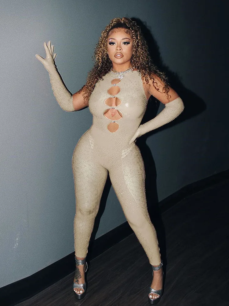 Articat Sexy Flocking Hollow Out Hot Diamond Polka Dot Women Jumpsuit Sheer Tight Fitting Female Jumpsuit Street Party Club