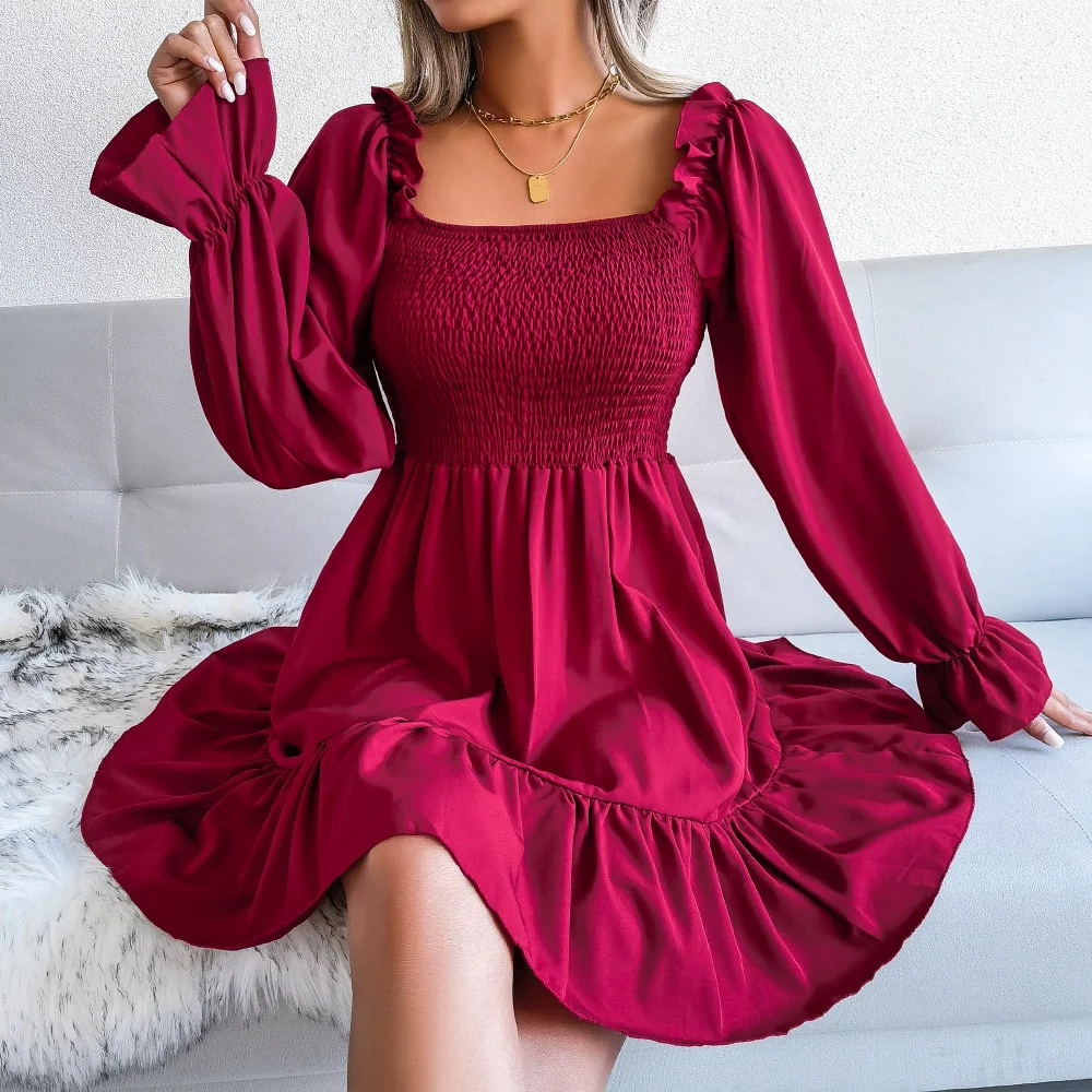 2023 New Spring And Autumn Women Fashion Long-Sleeved Square-Neck Skirt Solid Color Ruffle Dress Female Bohemian Dress