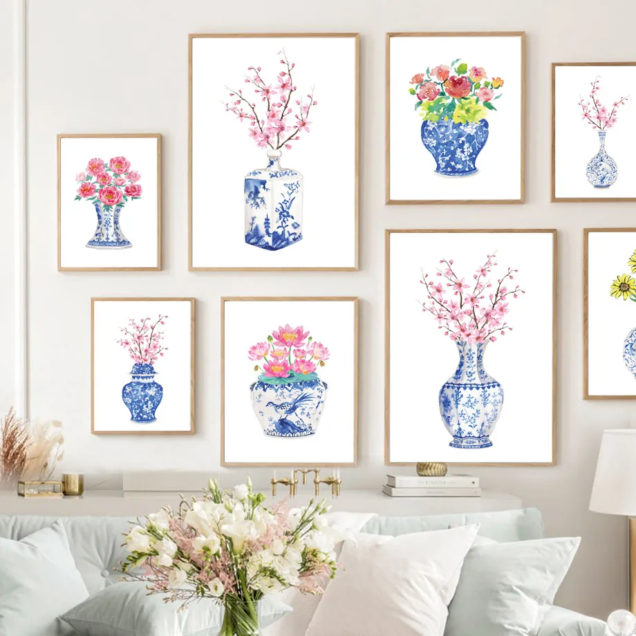 

Blue And White Porcelain China Sakura Vases Wall Art Canvas Painting Nordic Poster And Prints Wall Picture For Living Room Decor