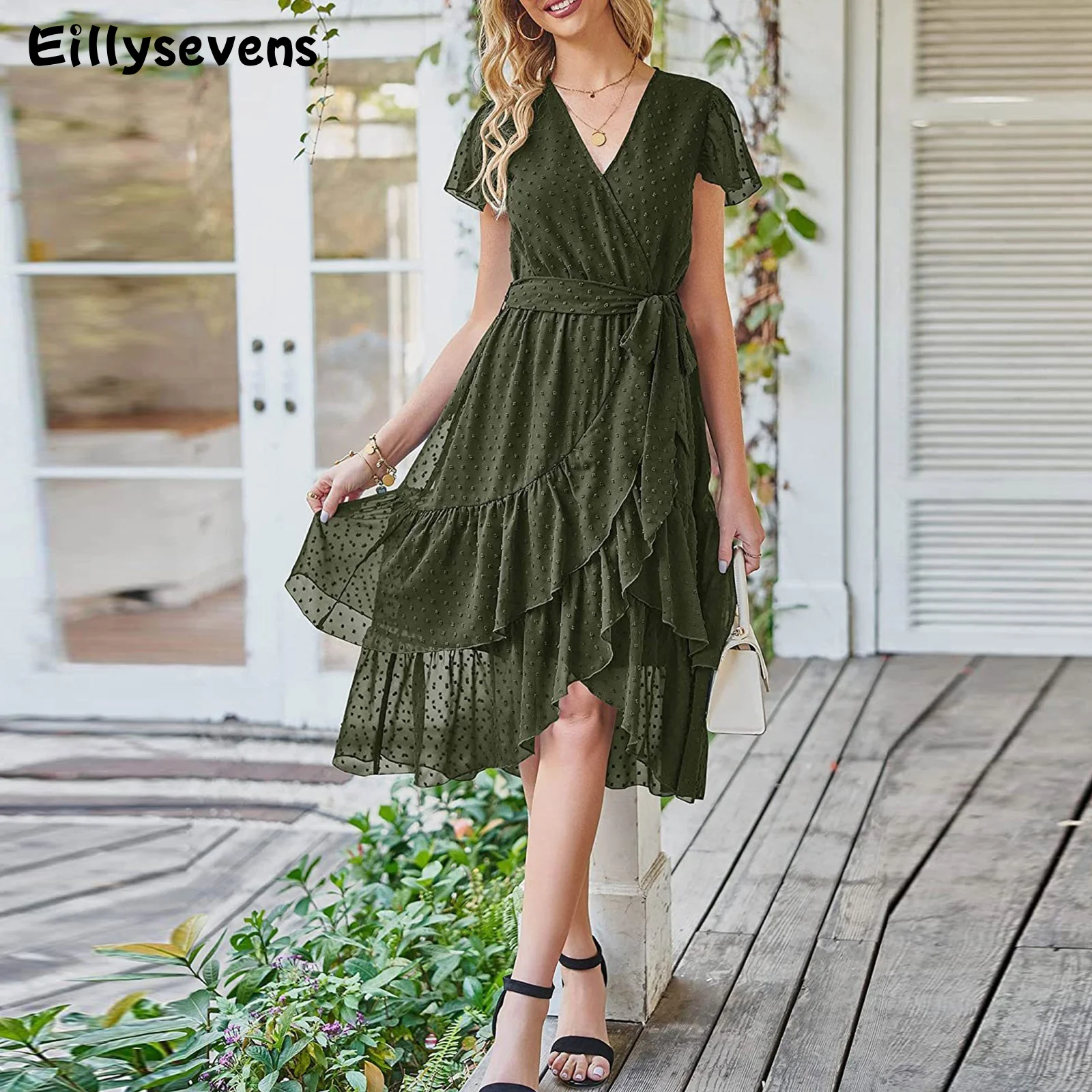 

Женское платье в стиле бохо, повседневное однотонное платье с оборками и рукавами «летучая мышь», на шнуровке, пикантное свободное пляжное платье с V-образным вырезом, лето 2023