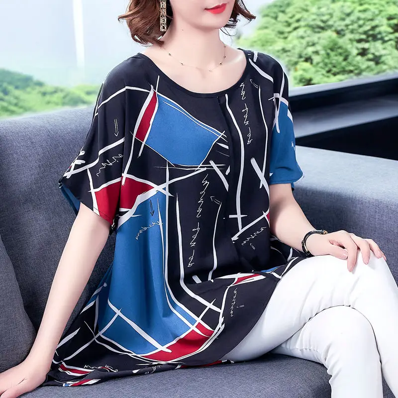 

Women 2022 Summer New Short Sleeve Shirts Female O Neck Print Blouse Tops Ladies Middle Aged Casual Blouses Q180
