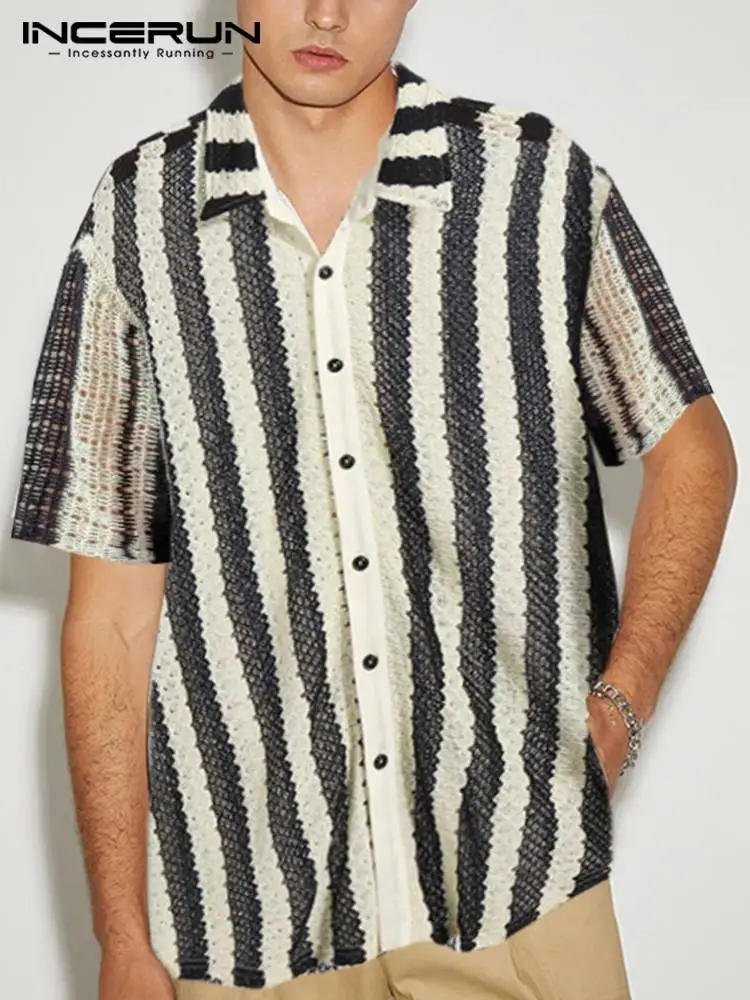 INCERUN Men Striped Shirt Lapel Short Sleeve Summer 2022 Button Casual Men Clothing Streetwear Breathable Leisure Camisas S-5XL