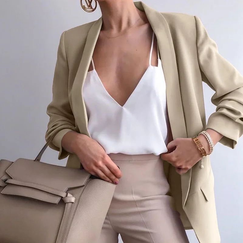 Autumn New Simple Deep V Neck Casual Office Blazer Za Women Solid Colors Buttonless Blazer Bussiness All-Match Formal Work Wear