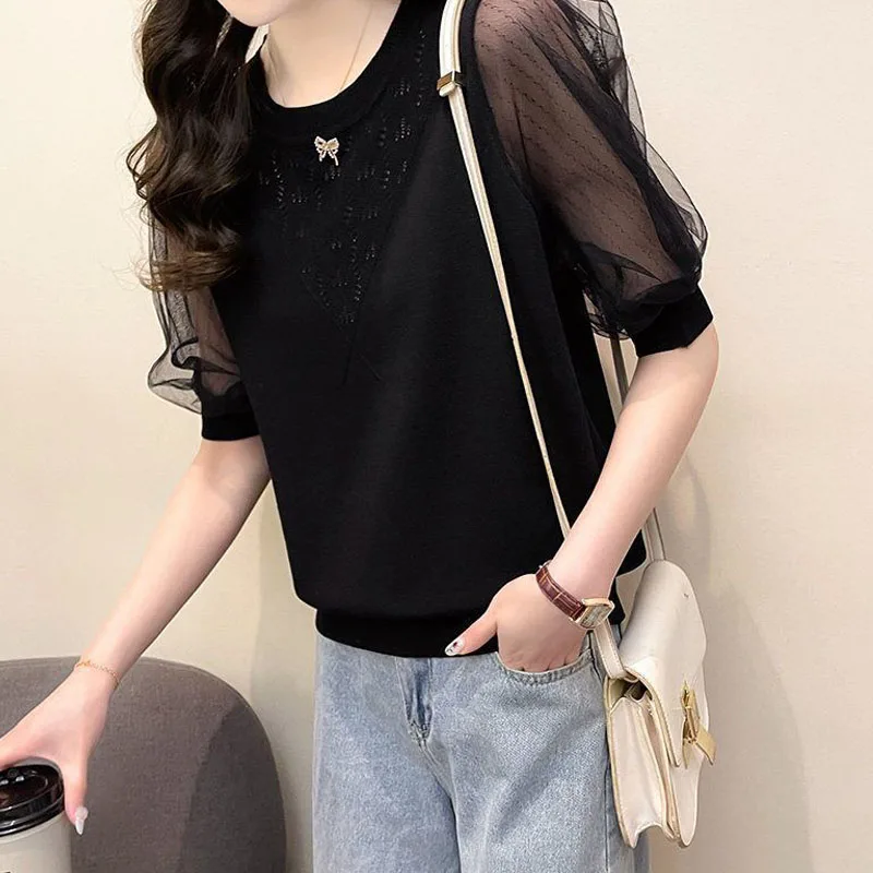 

Female Gauze Puff Sleeve Solid Pullovers Elegant Fashion Hollow Out Thin Knitted Tops O-Neck Casual T-shirt Women Summer 2022