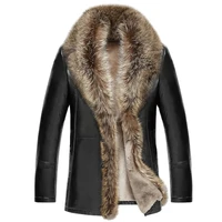 mens clothing winter raccoon sheepskin leather long sleeve button casual slim fit casacas de cuero coat office business jacket