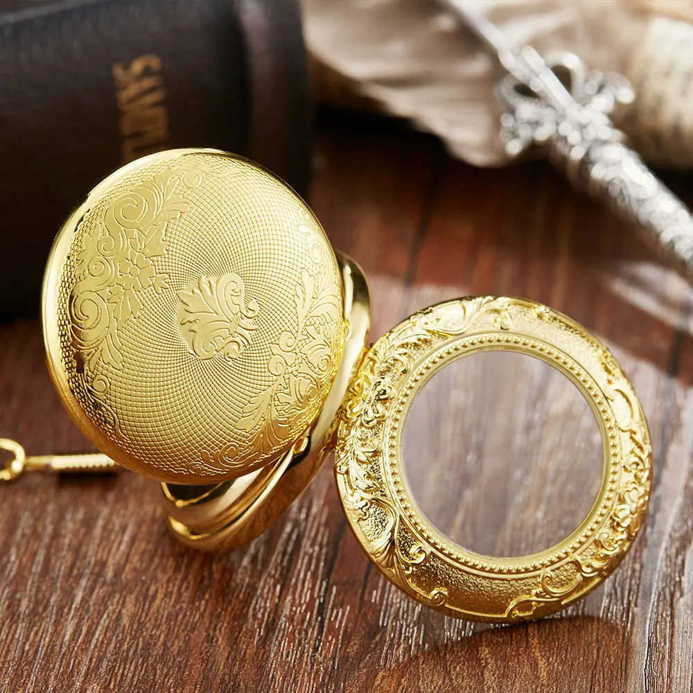 Luxury Gold Mechanical Pocket Watch Exquisite Carving Double Case Vintage Fob Chain Necklace Pendants Steampunk Hand Wind Watch