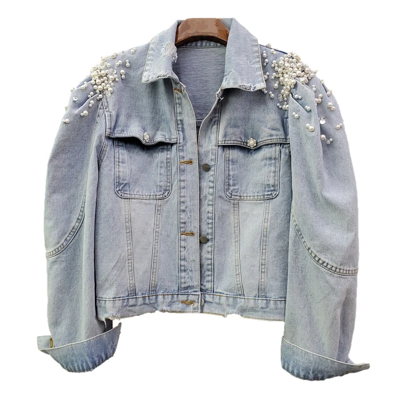 

Женская джинсовая куртка с большими карманами, голубая винтажная ковбойская куртка светильник бусинами и пышными рукавами, свободная коро...