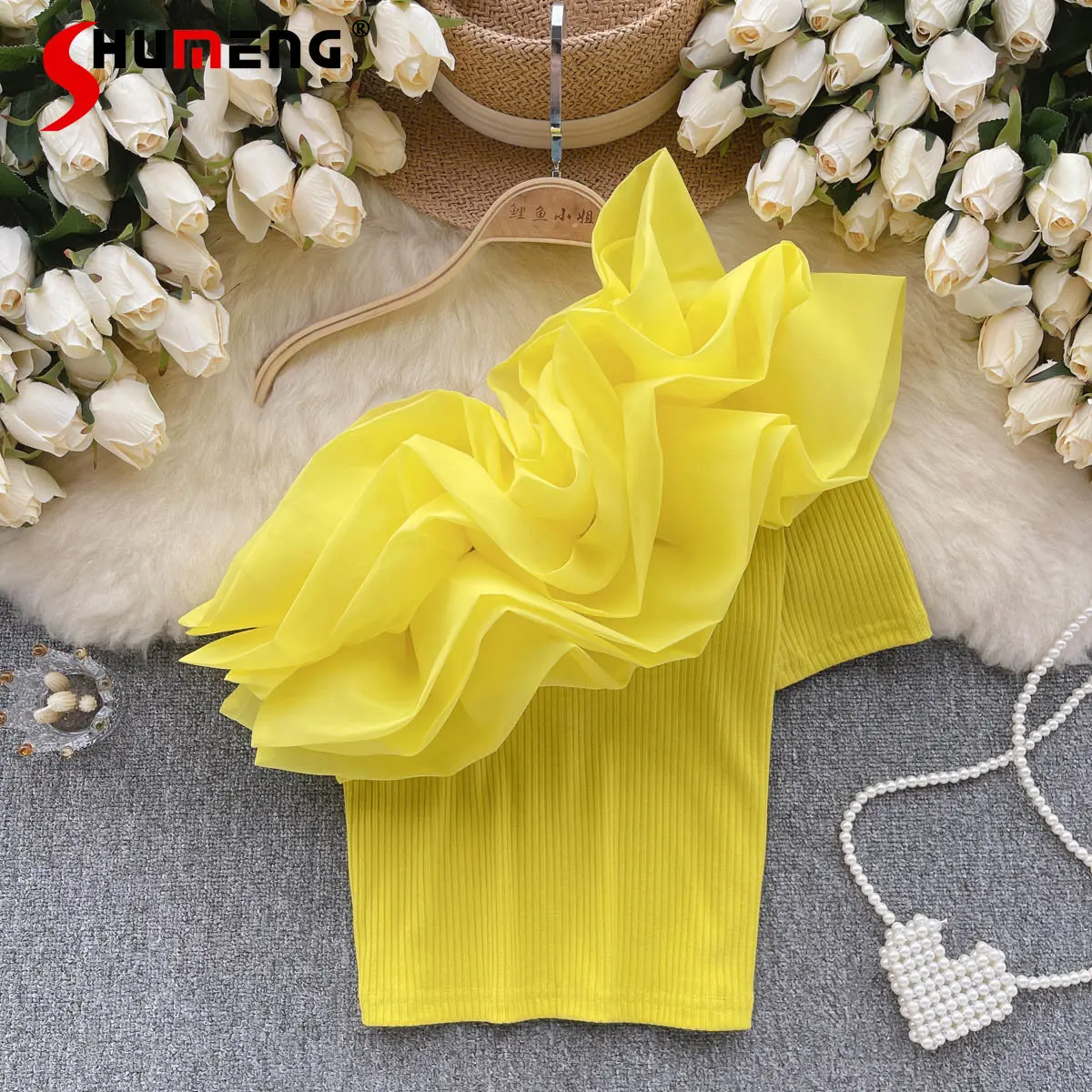 

Дизайнерская нишевая Футболка во французском стиле с цветами, женские летние новые сексуальные Молодежные облегающие Короткие топы на одн...